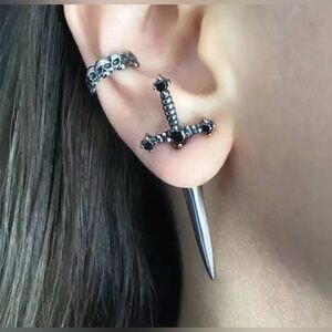 Silver Sword Dagger Earrings | Gothic Cross Black Crystal Studs